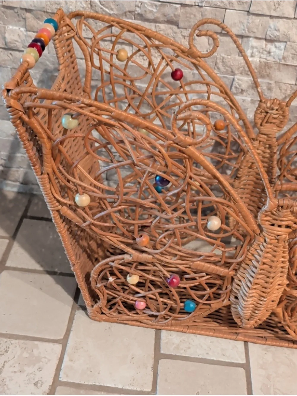 VTG Rare Wood Rattan Bamboo Butterfly Beaded Magazine Rack Holder MCM BOHO